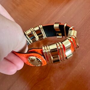 Rebecca Minkoff Leather Stud and Loop Wristband with Snap Closure, orange